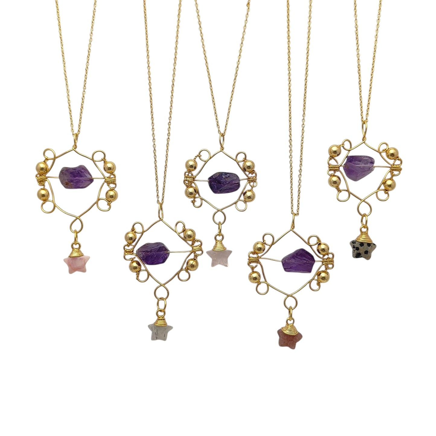 Raw Amethyst Crystal Necklace with Gold Star Charm Celestial-Inspired Bohemian Handmade Jewelry- Selling Per Piece
