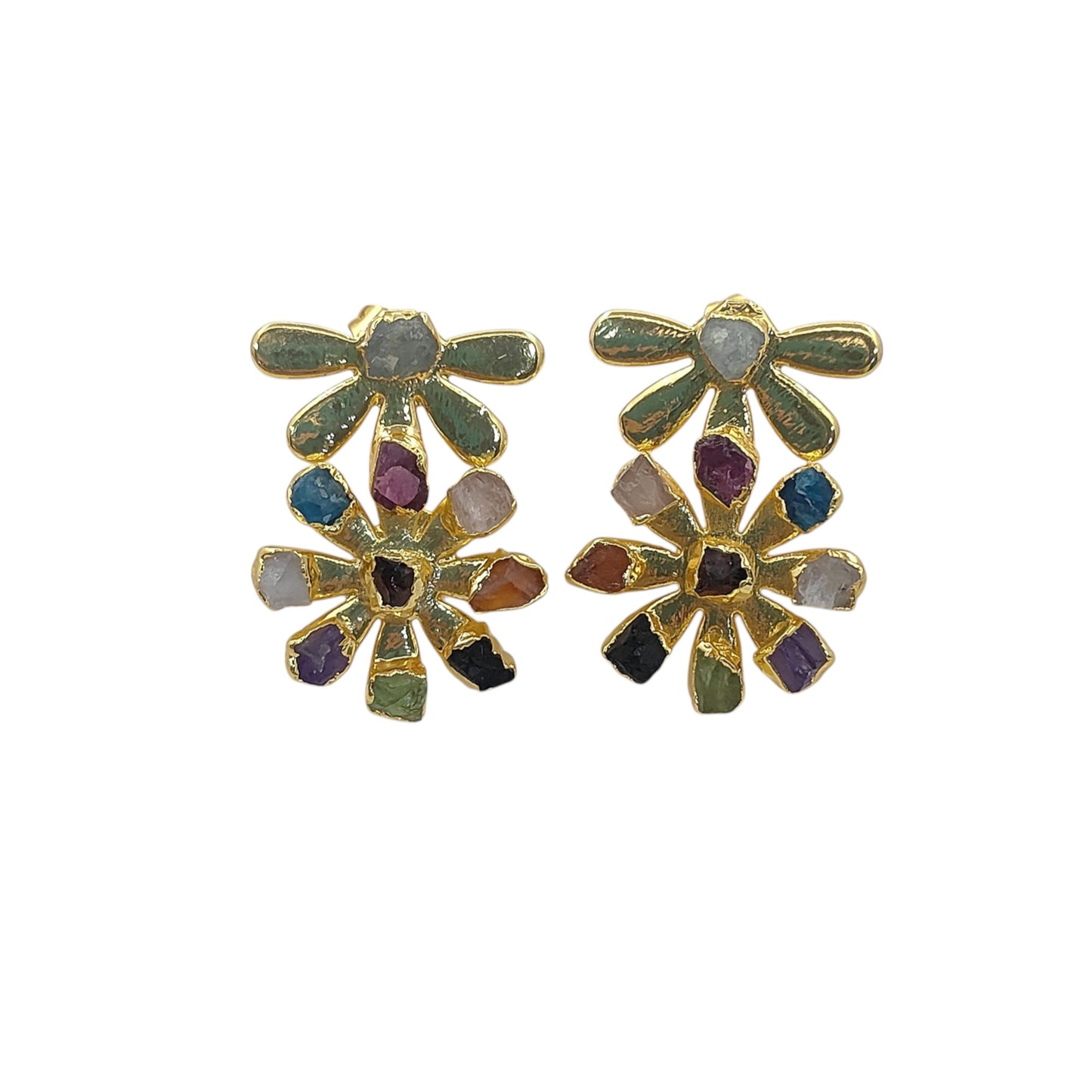 Multi-Color Birthstone Flower Stud Earrings Raw Gemstone Bohemian Jewelry Perfect Handmade Gift- Selling Per Pair