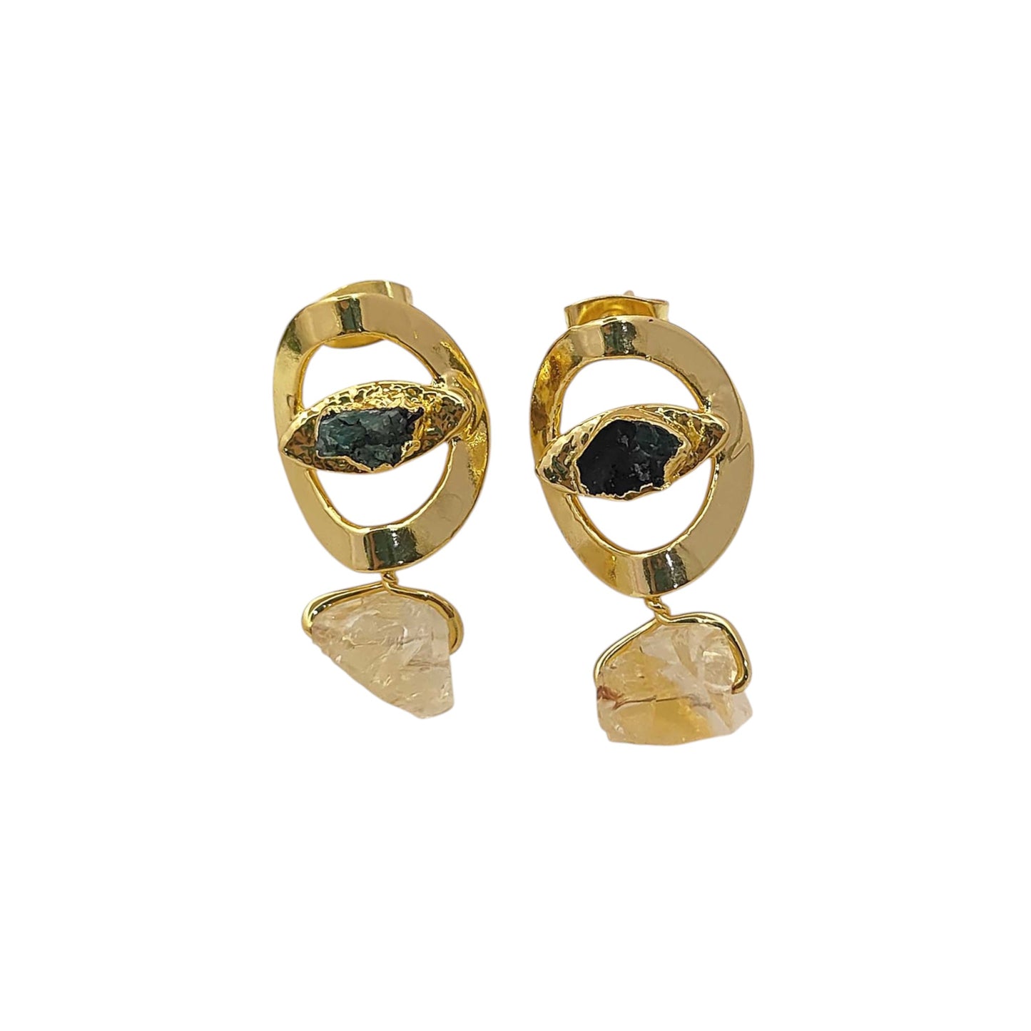 Handmade Emerald & Citrine Evil Eye Earrings 14K Solid Gold Plated Boho Birthstone Studs- Selling Per Pair