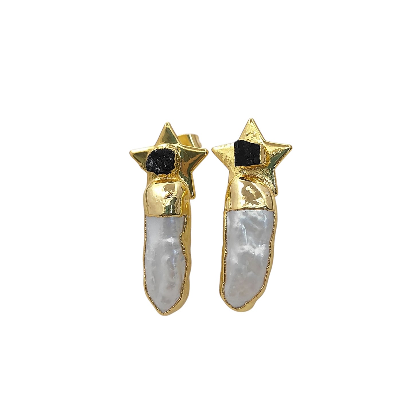 Handmade Black Tourmaline Star Earrings with White Freshwater Pearls Gold Plated Bridal Jewelry- Selling Per Pair