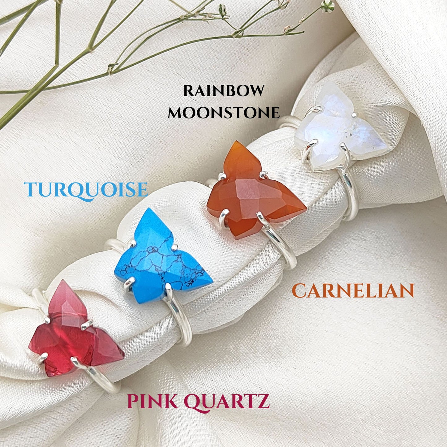 Handmade 925 Sterling Silver Butterfly Ring Boho Multi-Gemstone Statement Jewelry