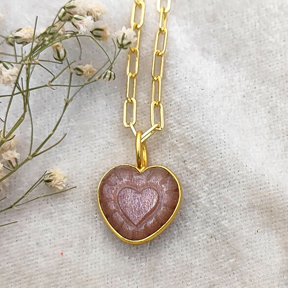 Peach Moonstone Heart Necklace Handmade Gemstone on Elegant Gold Chain Jewelry for Gift- Selling Per Piece
