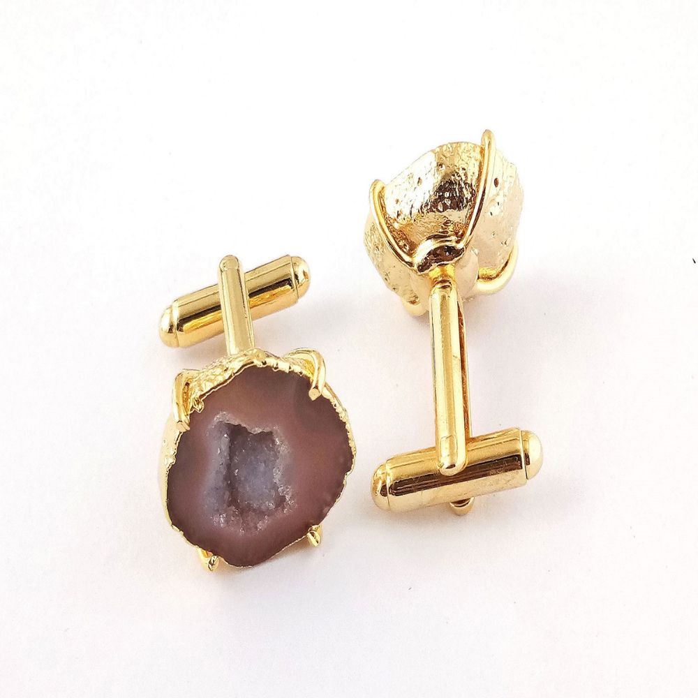 Peach Geode Druzy Handmade Cufflinks - Gold Electroplated Men’s Jewelry Set (Pair)