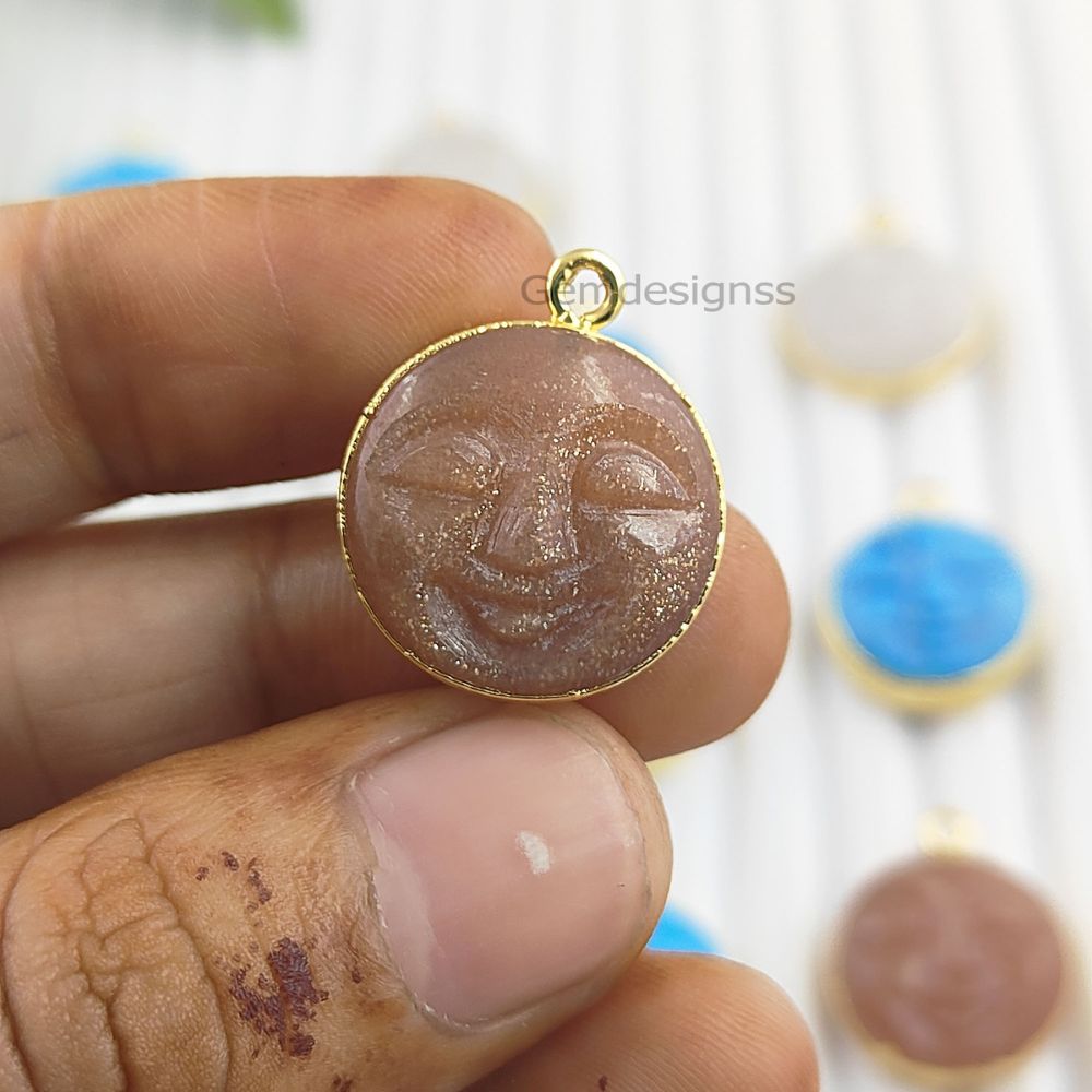 Unique Healing Jewelry Hand Carved Moon Face Multi Gemstone Pendant With Gold Electroplated- Selling Per Piece