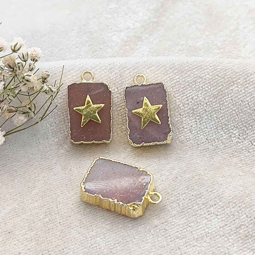 Unique Peach Moonstone rectangle pendant with star accent gold plated