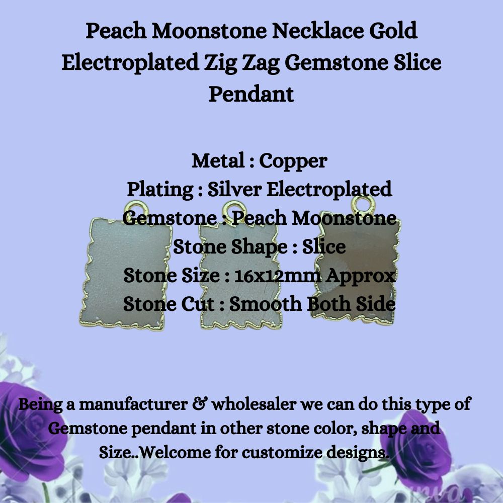 Gold Electroplated Peach Moonstone Zig Zag Pendant Necklace, Gemstone Slice Design