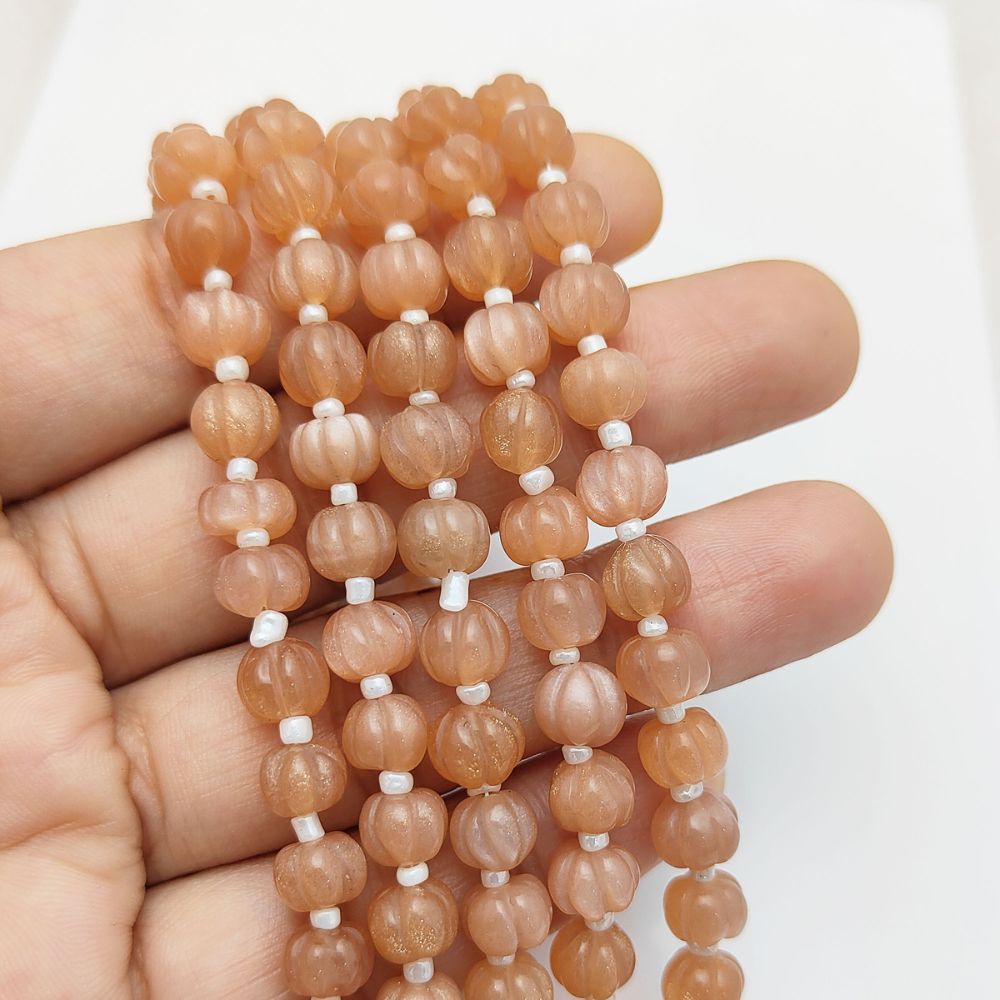 Timeless Peach Moonstone Pumpkin Beads – Carved Gemstones for Custom Jewelry Creations