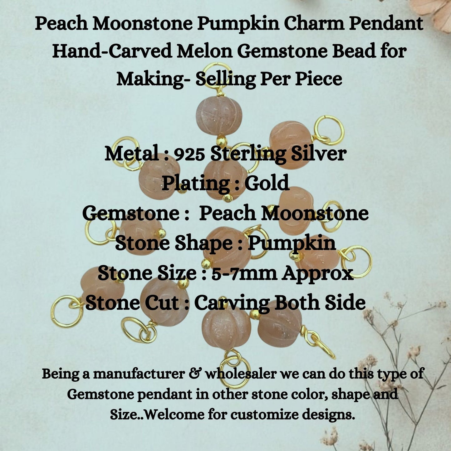 Peach Moonstone Pumpkin Charm Pendant Hand-Carved Melon Gemstone Bead for Making- Selling Per Piece