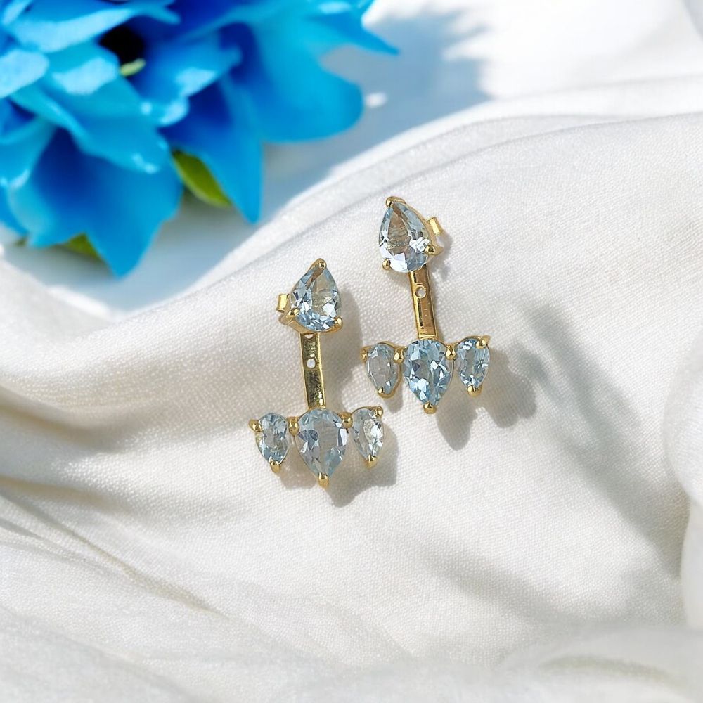 Dainty Swiss Blue Topaz Ear Jacket Pear Shape Gemstone Earrings