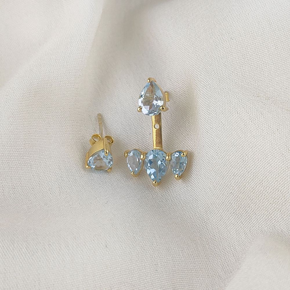 Pear Shape Natural Swiss Blue Topaz Ear Jacket Gold Plated Sterling Silver Birthstone Handmade Earrings Jewelry- Selling Per Pair