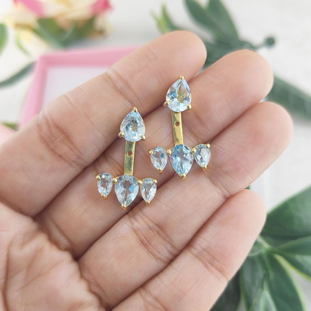 Pear Shape Natural Swiss Blue Topaz Ear Jacket Gold Plated Sterling Silver Birthstone Handmade Earrings Jewelry- Selling Per Pair