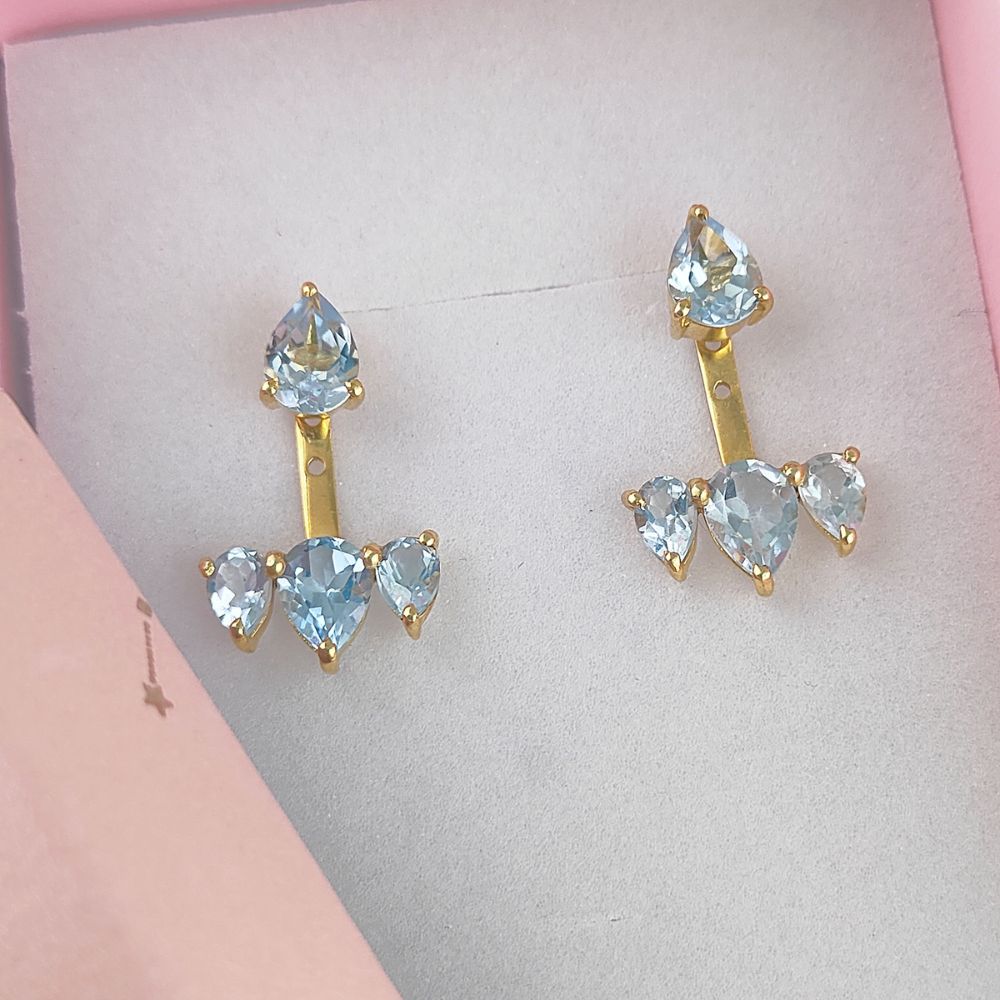 Pear Shape Natural Swiss Blue Topaz Ear Jacket Gold Plated Sterling Silver Birthstone Handmade Earrings Jewelry- Selling Per Pair