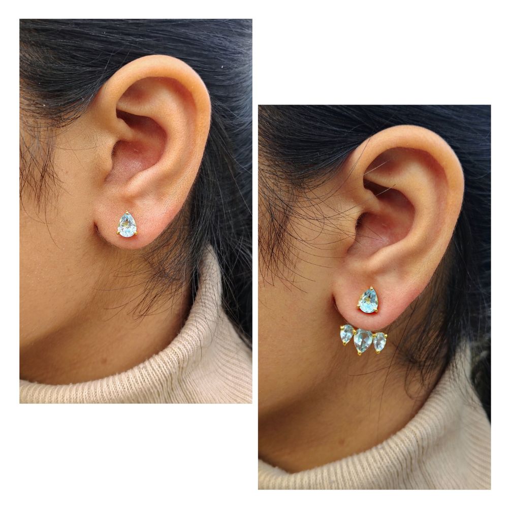 Natural Swiss Blue Topaz Gemstone Ear Jacket Elegant Birthstone Earrings