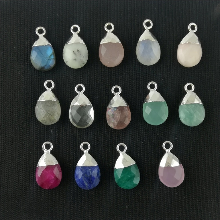 Beautiful 13x9mm pear-cut gemstone charm with a silver electroplated cap – sold per piece