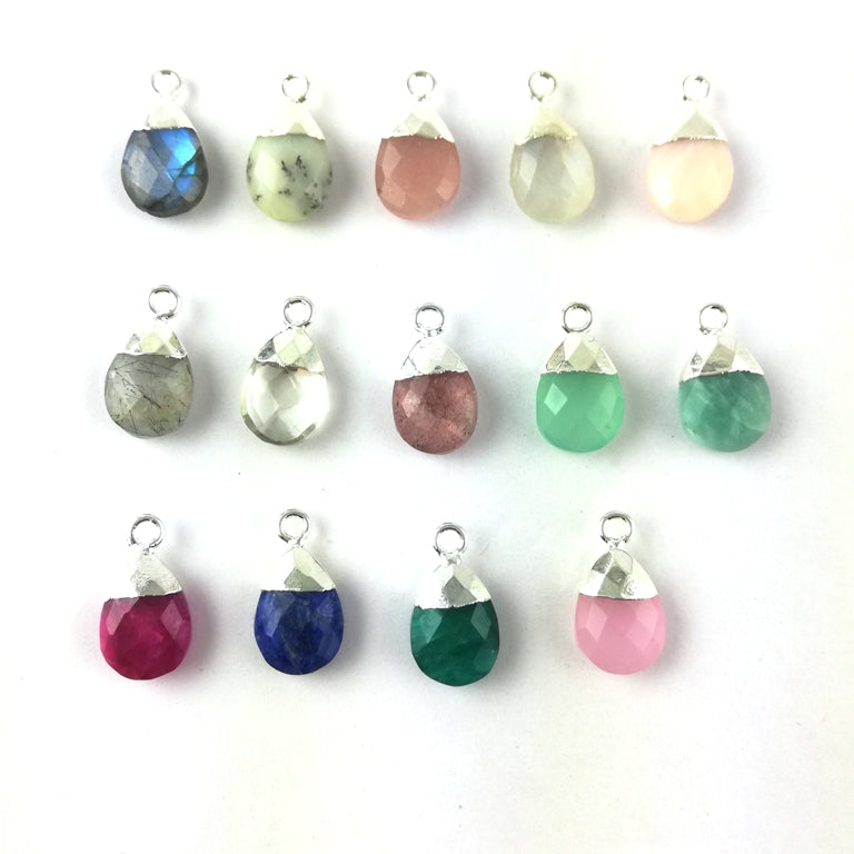 13x9mm Pear Multi-Gemstone Charm Pendant with Silver Electroplated Cap
