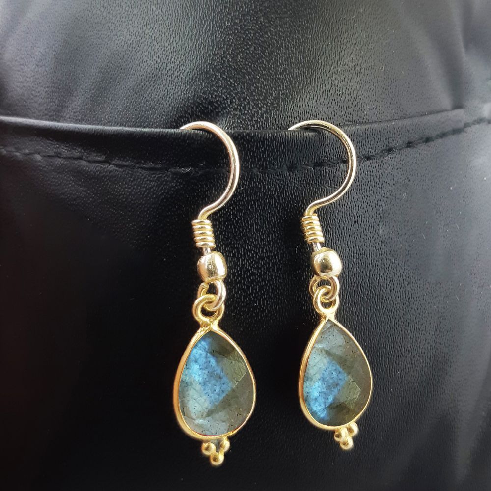 Bezel Set Blue Fire Labradorite Dangle Earrings – Elegant Gold Plated Jewelry for Women