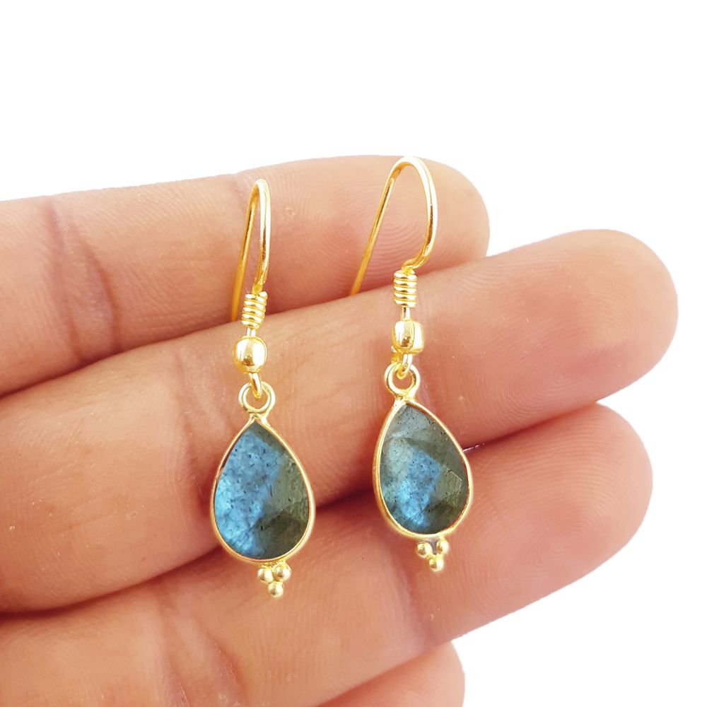 Pear Shape Blue Fire Labradorite Dangle Earrings 12x8mm Bezel Set Handmade Gemstone Jewelry for Women- Selling Per Pair