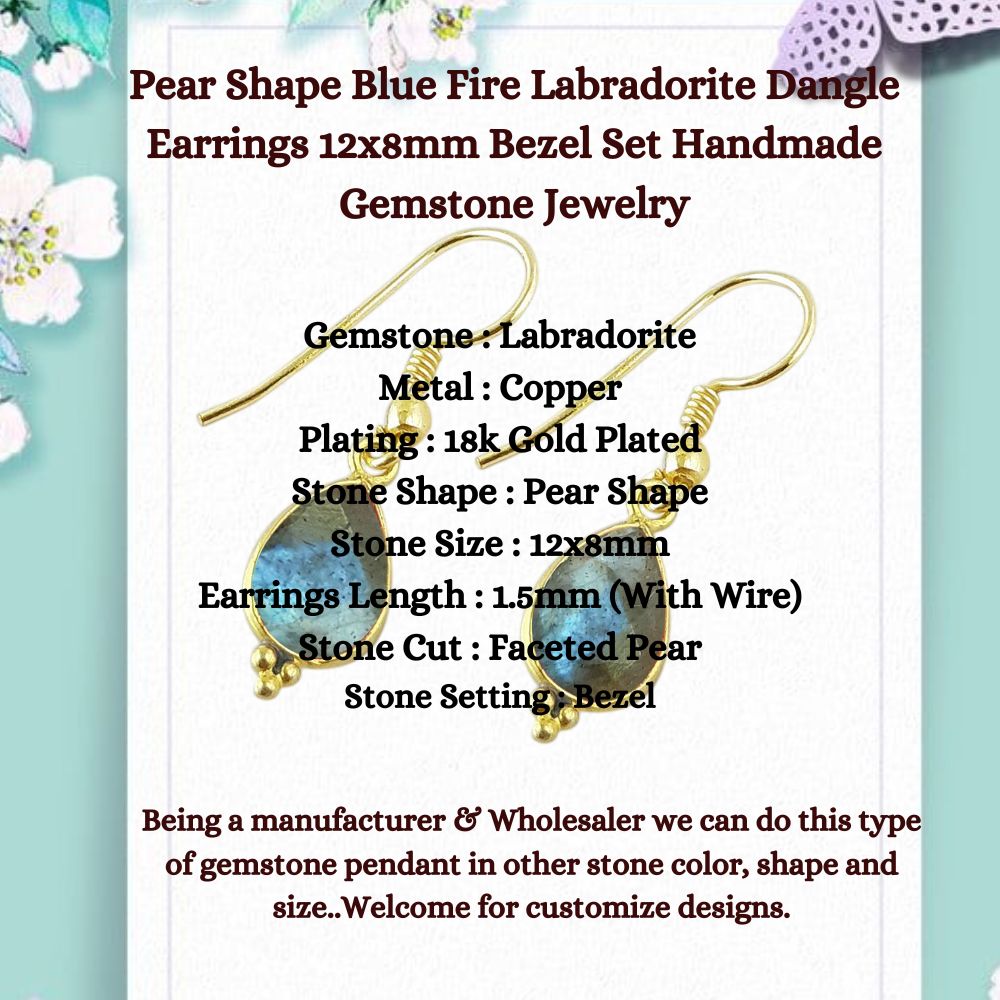 Pear Shape Blue Fire Labradorite Dangle Earrings 12x8mm Bezel Set Handmade Gemstone Jewelry for Women- Selling Per Pair