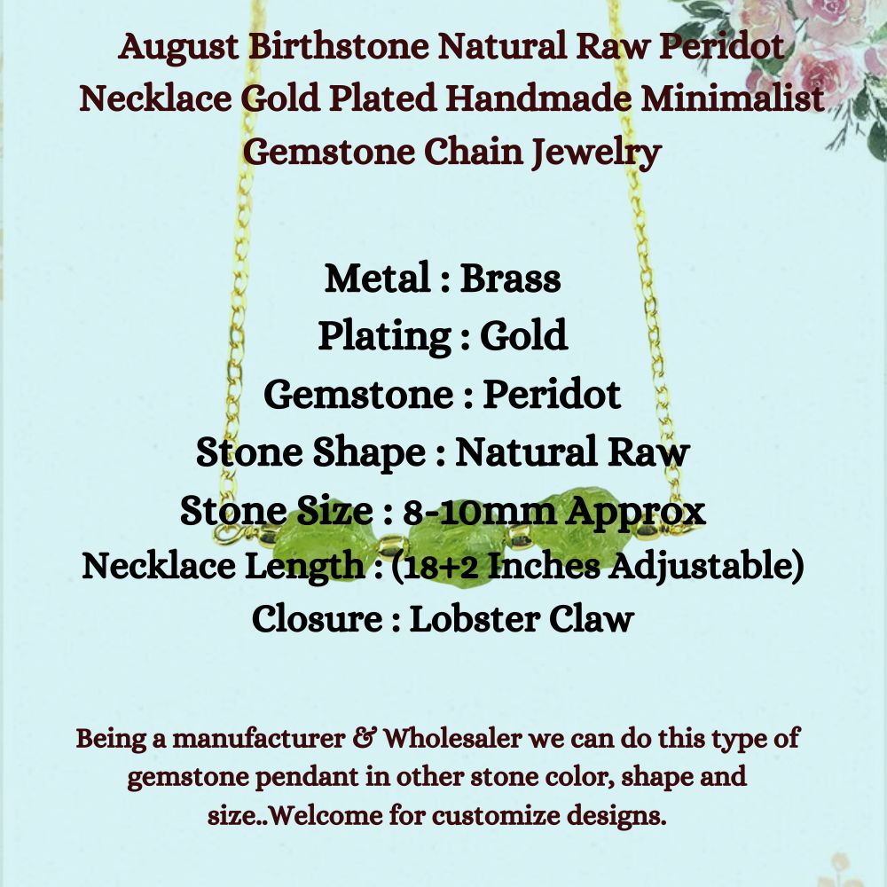 August Birthstone Natural Raw Peridot Necklace Gold Plated Handmade Minimalist Gemstone Chain Jewelry Gift for Women- Selling Per Piece