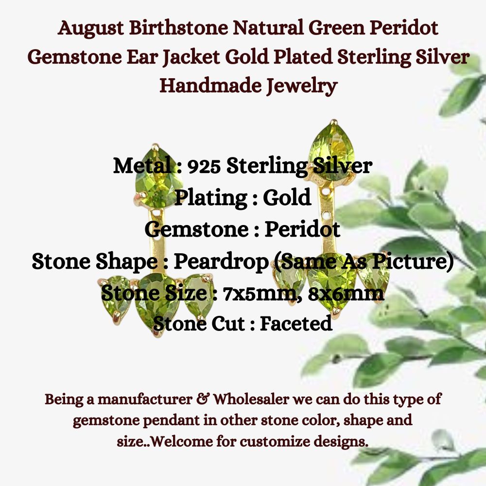 August Birthstone Natural Green Peridot Gemstone Ear Jacket Gold Plated Sterling Silver Handmade Jewelry- Selling Per Pair