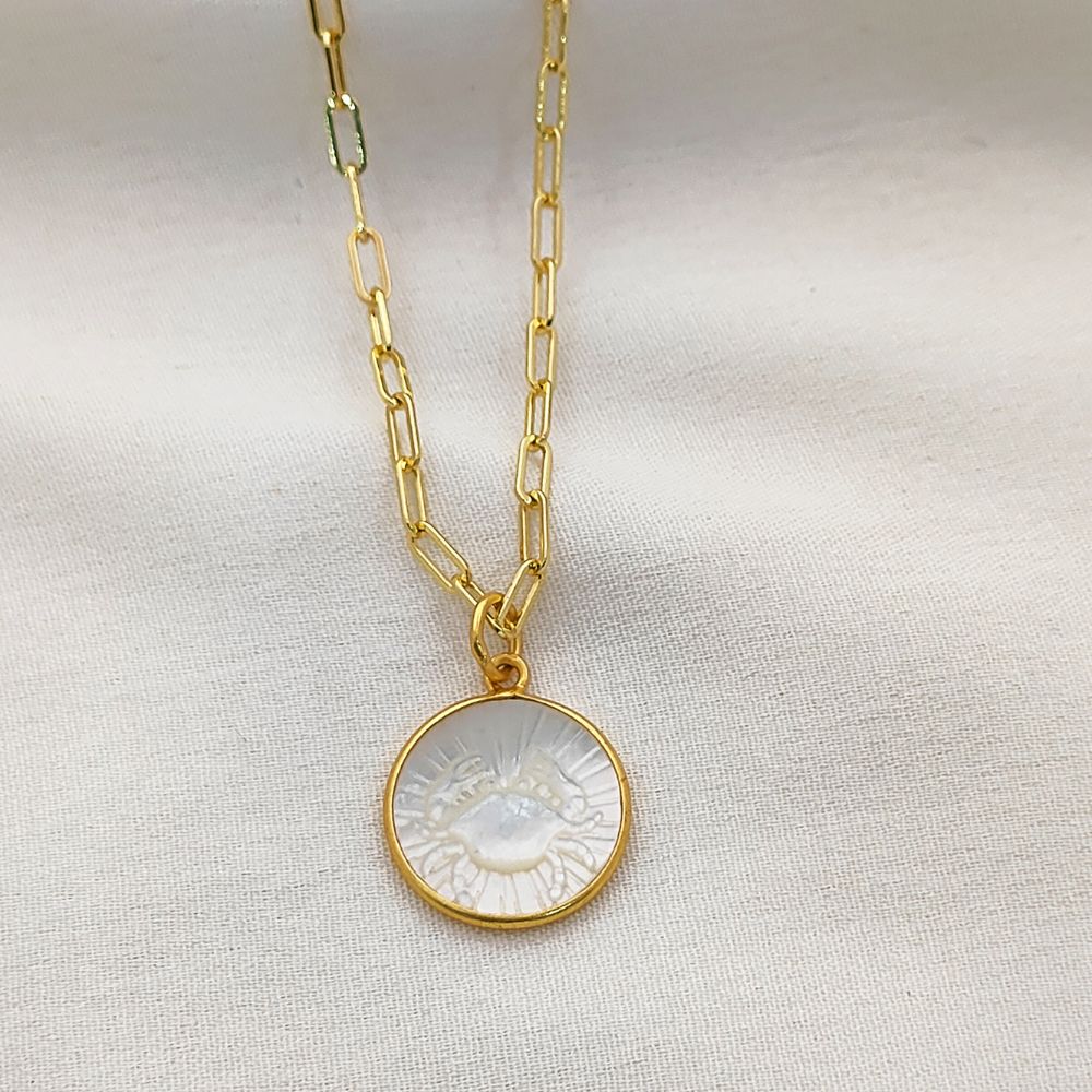 Mother of Pearl Zodiac Pendant for Necklace Gold Plated Astrology Sign Charm on Paperclip Chain Horoscope Jewelry Gift- Selling Per Piece