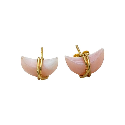 Pink Opal Gemstone Crescent Stud Earrings, Dainty Minimal Half Moon Jewelry, Handmade Gold Plated Sterling Silver Gift for Her- Selling Per Piece