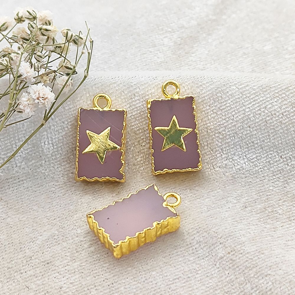 Pink Chalcedony slice pendant with star accent gold plated handmade charm