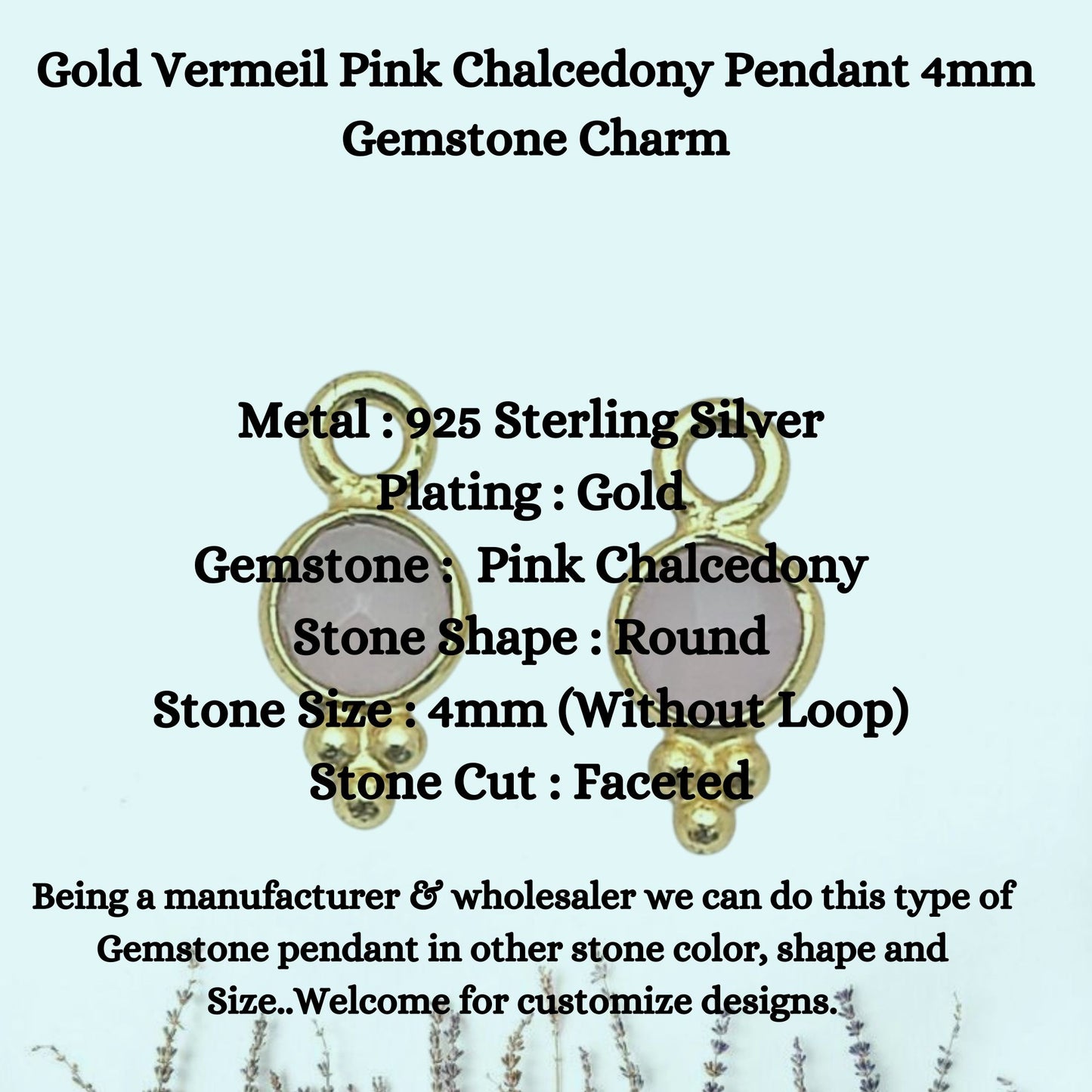 Gold Vermeil Pink Chalcedony Pendant 4mm Gemstone Charm