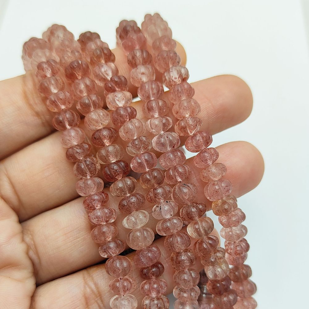 Hand-Carved Pink Strawberry Quartz Pumpkin Beads – Perfect for DIY Jewelry & Crafting Projects