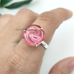 Pink Tourmaline Flower Ring Handcarved Rose Design Adjustable 925 Sterling Silver Promise Ring