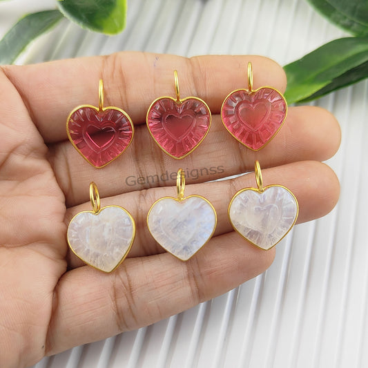 Genuine Pink Tourmaline and Moonstone Heart-Shaped Pendant in Gold-Plated Silver – Elegant gemstone jewelry, 15mm design.