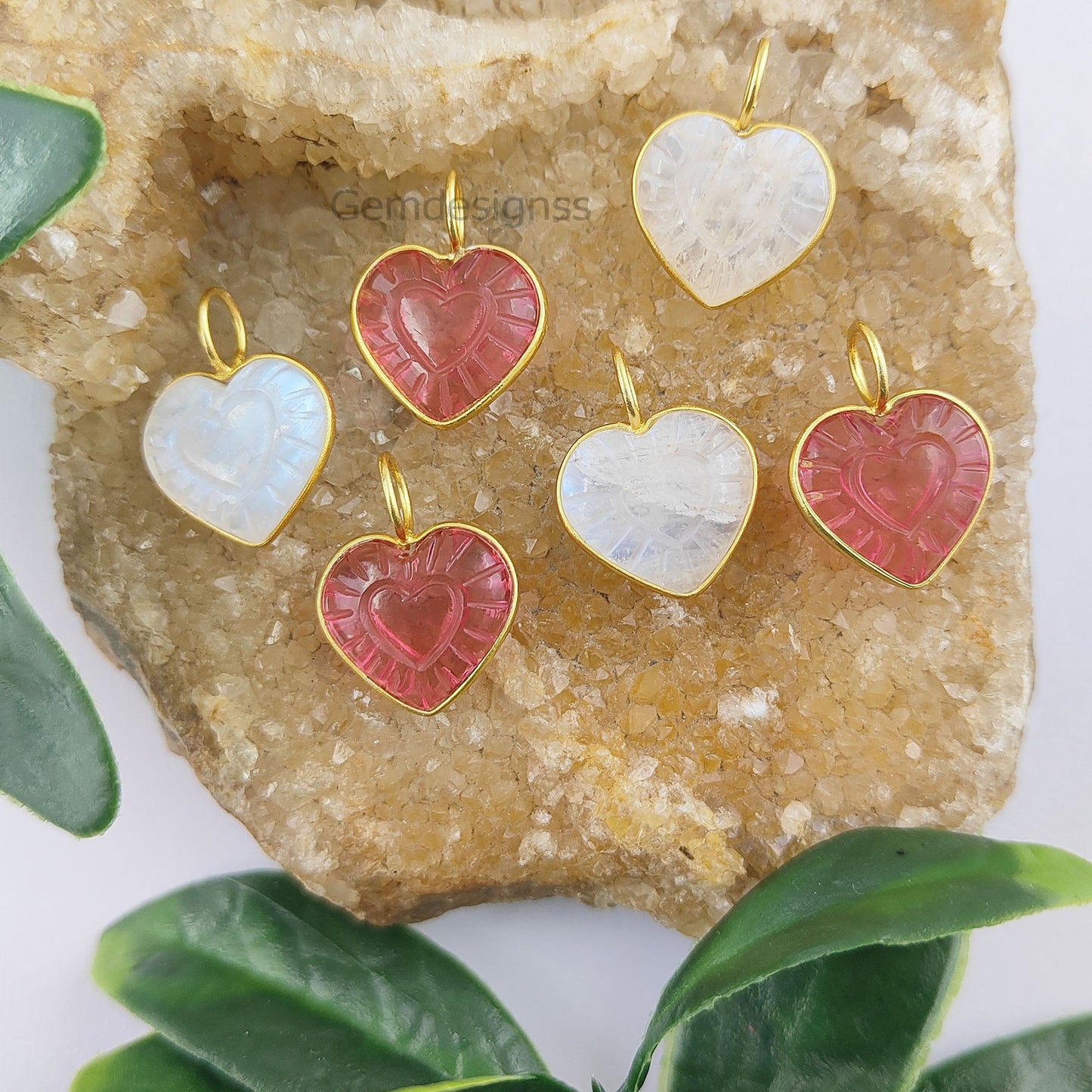 Handcrafted Pink Tourmaline & Moonstone 15mm heart pendant with gold-plated sterling silver – Perfect for gifts or special occasions.