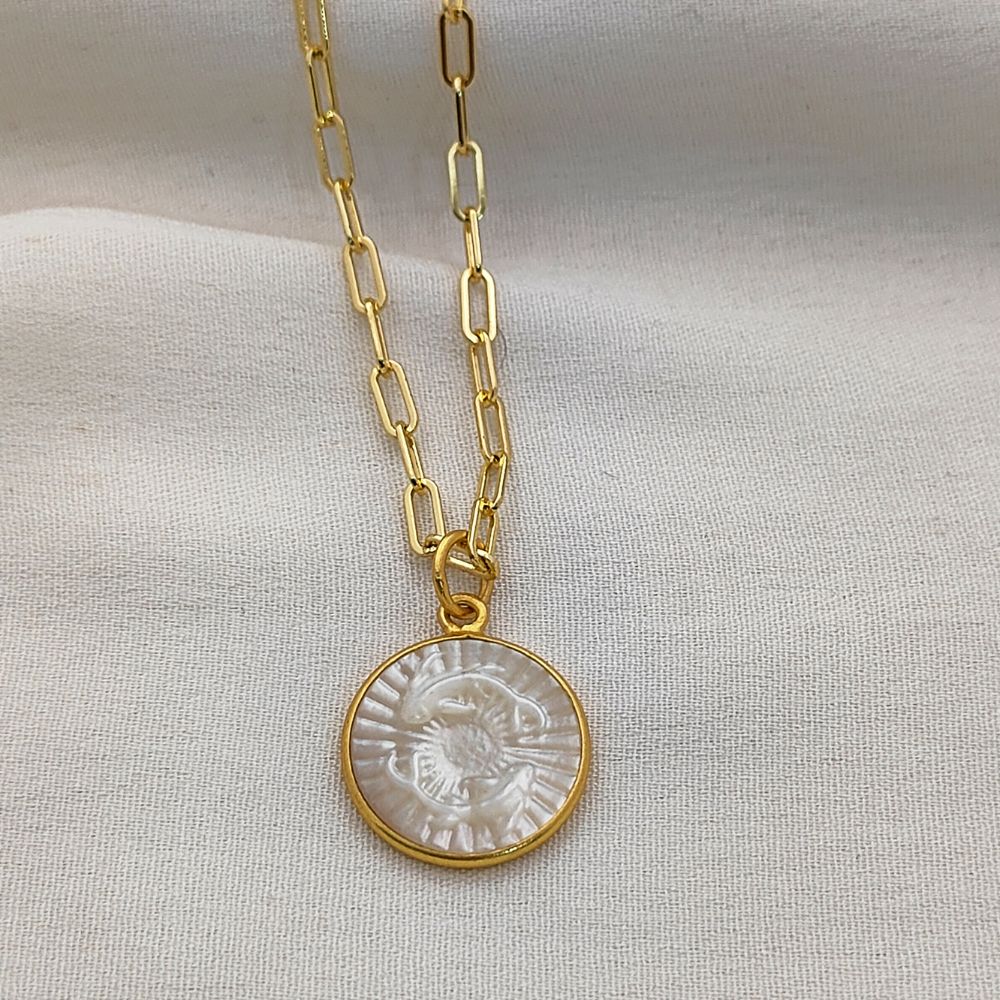 Mother of Pearl Zodiac Pendant for Necklace Gold Plated Astrology Sign Charm on Paperclip Chain Horoscope Jewelry Gift- Selling Per Piece
