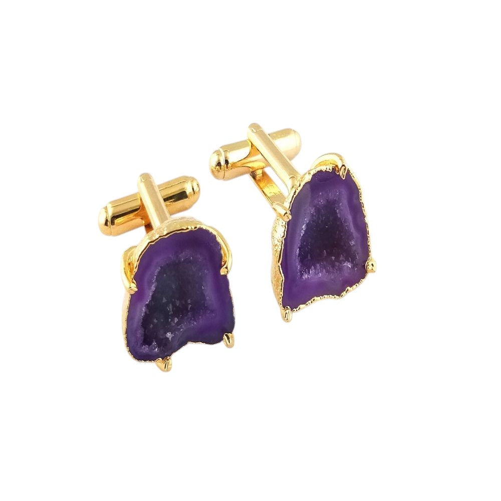 Raw Druzy Geode Cufflinks Gold Electroplated Gemstone Cufflinks Handmade Jewelry Set- Selling By Pair