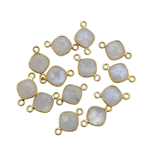 Rainbow Moonstone Cushion Gemstone Connector 8mm Gold Plated Bezel Faceted Stone Link for Handmade Jewelry- Selling Per Piece