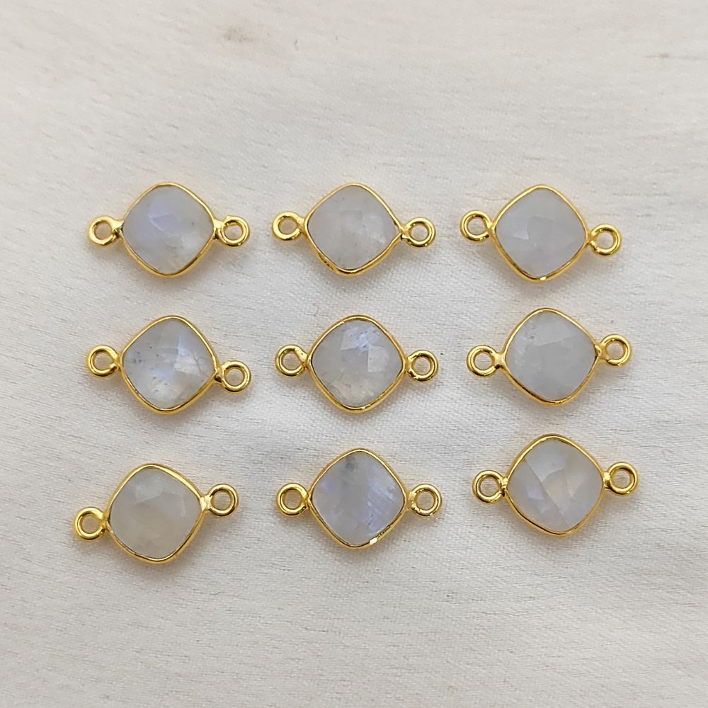 Rainbow Moonstone Cushion Gemstone Connector 8mm Gold Plated Bezel Faceted Stone Link for Handmade Jewelry- Selling Per Piece