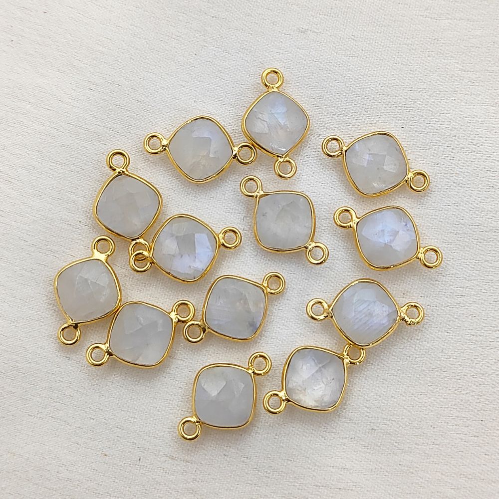 Rainbow Moonstone Cushion Gemstone Connector 8mm Gold Plated Bezel Faceted Stone Link for Handmade Jewelry- Selling Per Piece