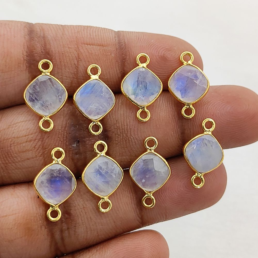 Rainbow Moonstone Cushion Gemstone Connector 8mm Gold Plated Bezel Faceted Stone Link for Handmade Jewelry- Selling Per Piece