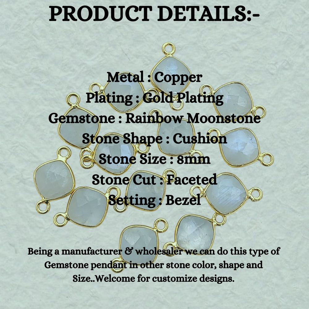 Rainbow Moonstone Cushion Gemstone Connector 8mm Gold Plated Bezel Faceted Stone Link for Handmade Jewelry- Selling Per Piece