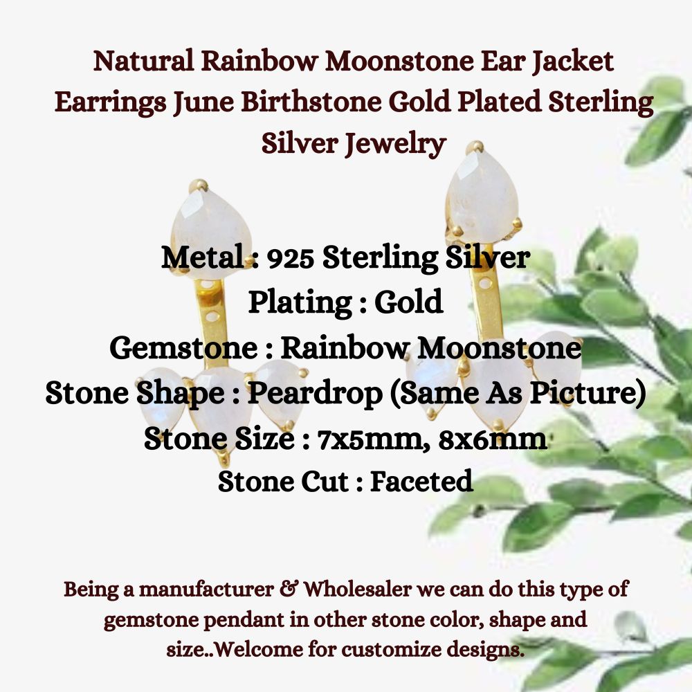 Natural Rainbow Moonstone Ear Jacket Earrings June Birthstone Gold Plated Sterling Silver Jewelry for Women- Selling Per Piece