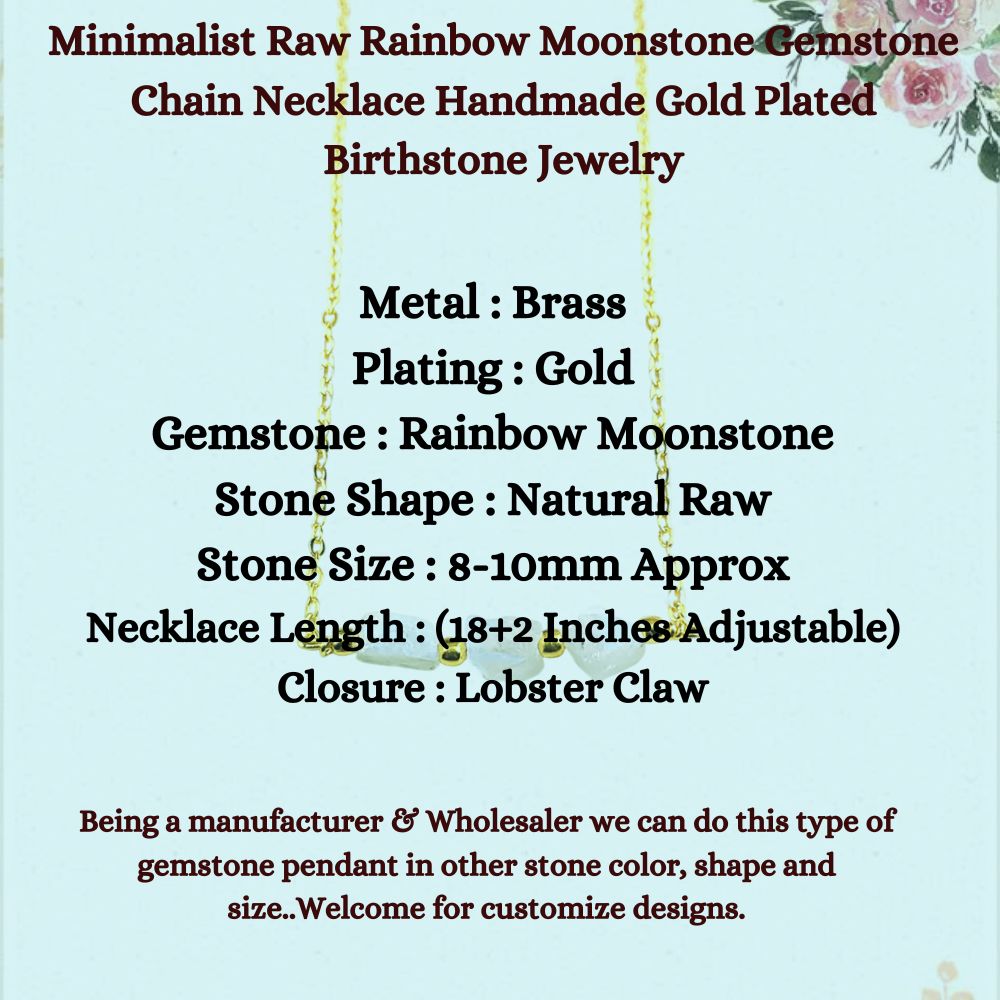 Minimalist Raw Rainbow Moonstone Gemstone Chain Necklace Handmade Gold Plated Birthstone Jewelry for Her- Selling Per Piece