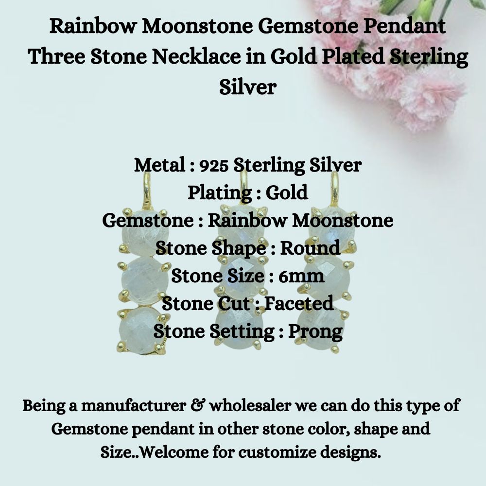 Handmade three stone moonstone necklace with iridescent glow