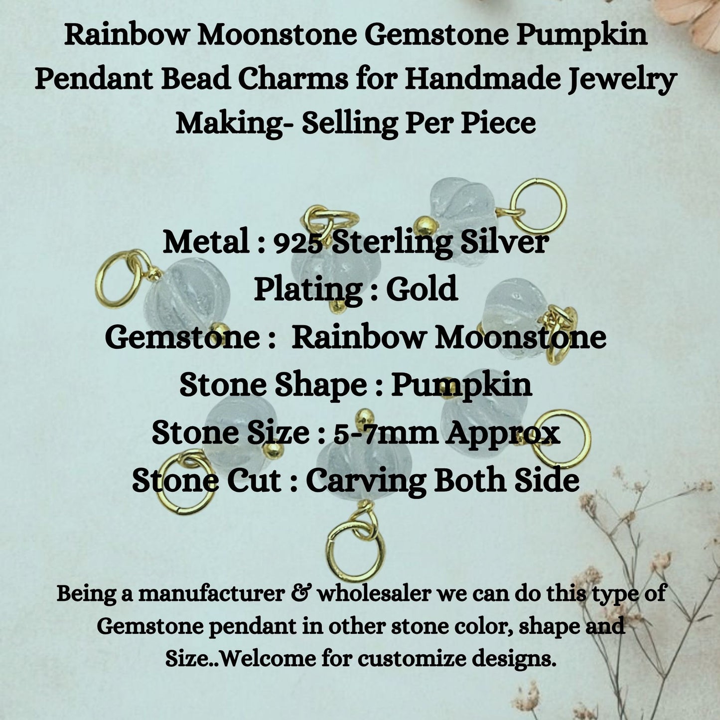 Rainbow Moonstone Gemstone Pumpkin Pendant Bead Charms for Handmade Jewelry Making- Selling Per Piece