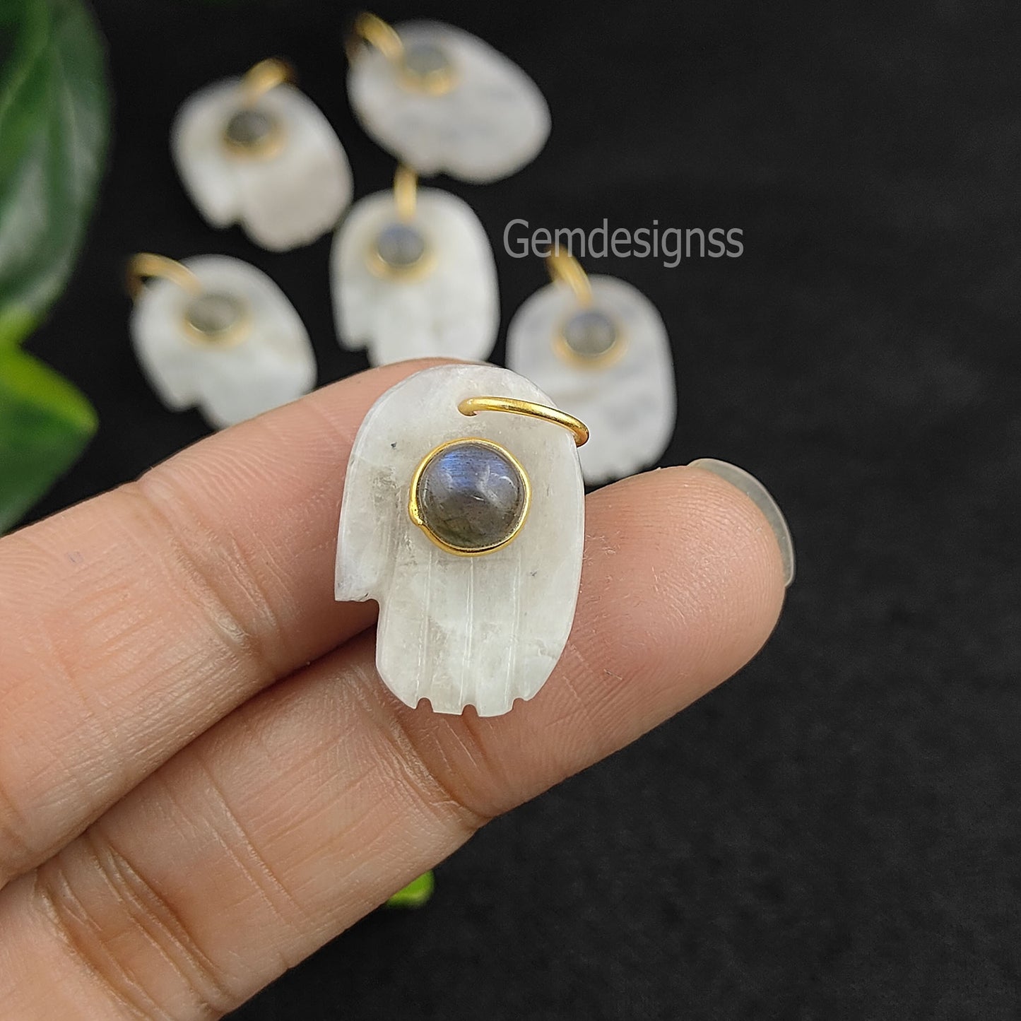 June Birthstone Rainbow Moonstone & Labradorite Dual Stone Hamsa Hand Gemstone Pendant Gold Vermeil Jewelry- Selling/Piece