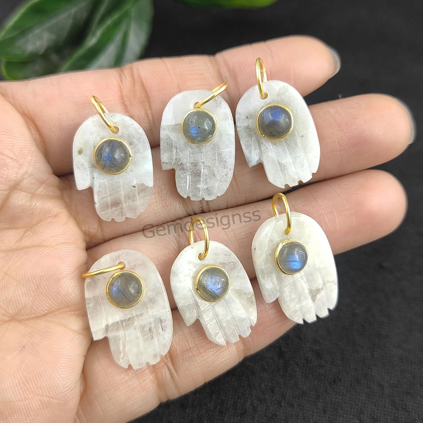 June Birthstone Rainbow Moonstone & Labradorite Dual Stone Hamsa Hand Gemstone Pendant Gold Vermeil Jewelry- Selling/Piece
