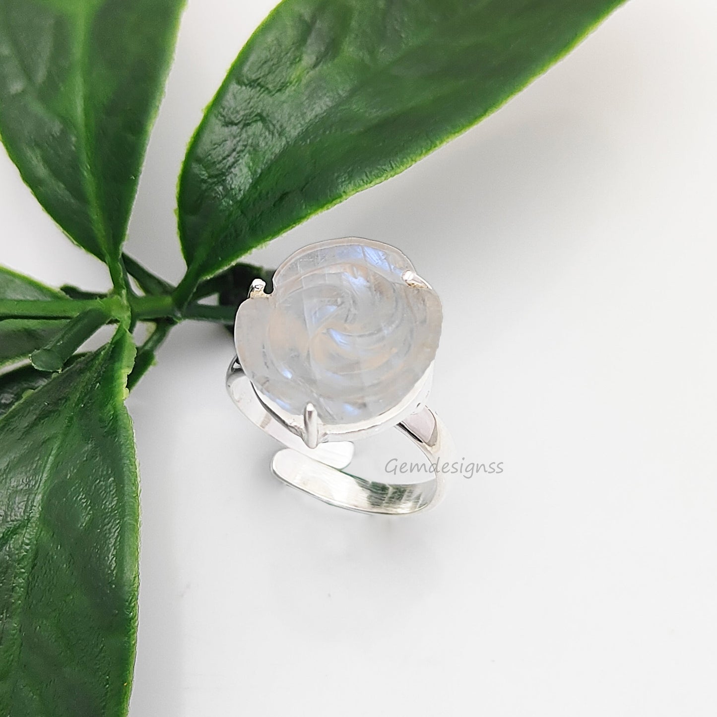 Rainbow Moonstone Handcarved Flower Ring Adjustable 925 Sterling Silver Romantic Jewelry