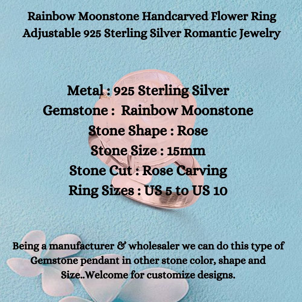 Handcrafted Rainbow Moonstone Flower Ring – Adjustable 925 Sterling Silver, Romantic Design