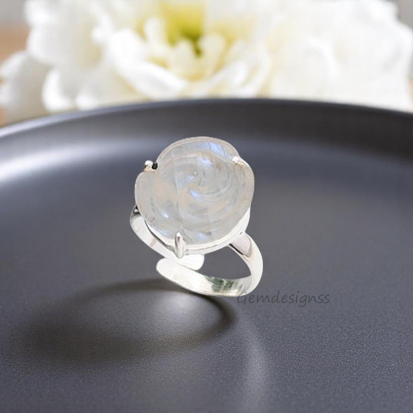 Rainbow Moonstone Handcarved Flower Ring – Adjustable 925 Sterling Silver Romantic Jewelry
