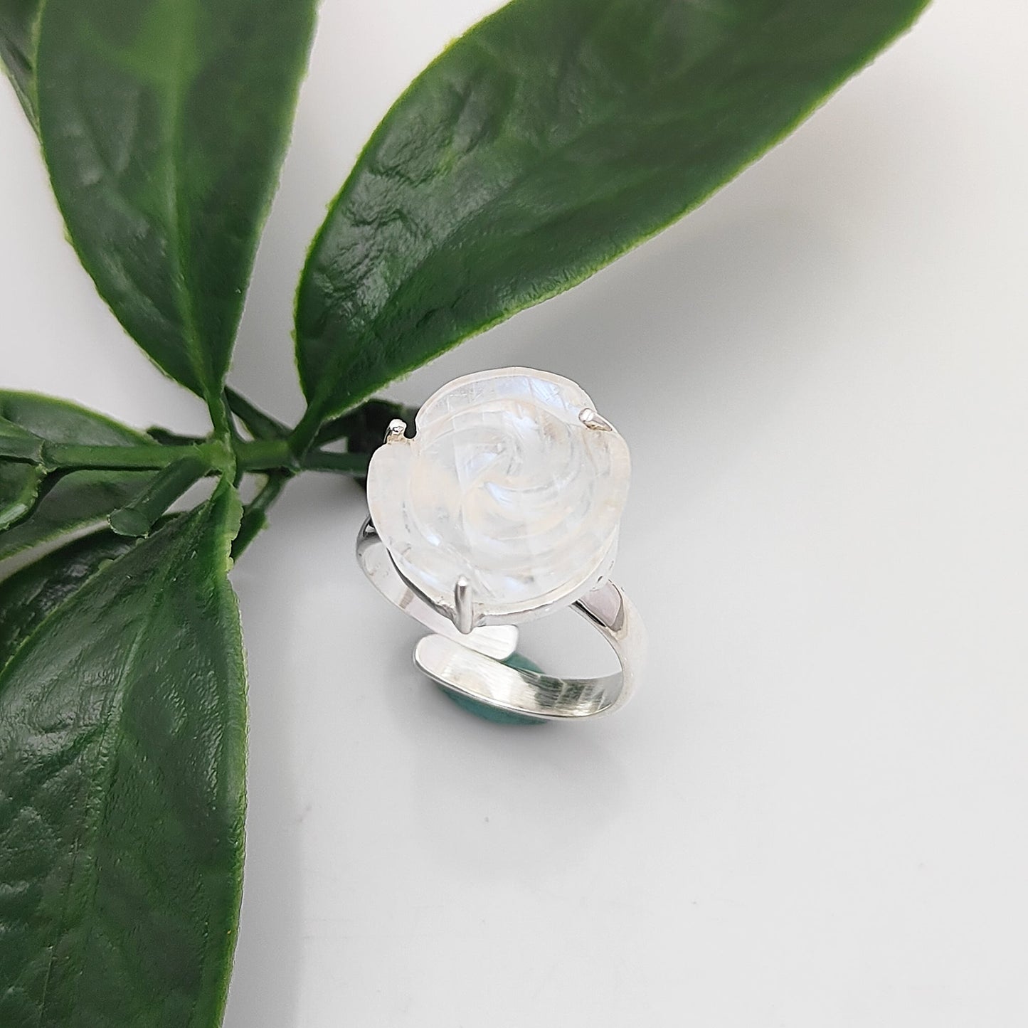 Romantic Rainbow Moonstone Ring – Adjustable 925 Sterling Silver with Handcarved Flower
