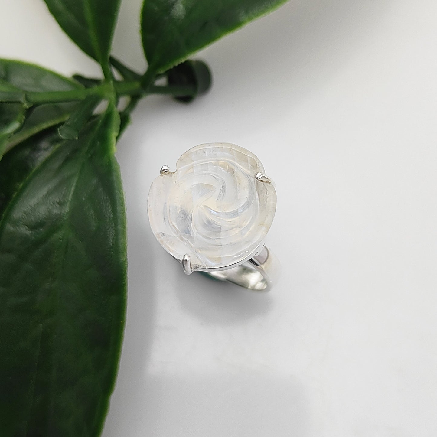 Rainbow Moonstone Handcarved Flower Ring Adjustable 925 Sterling Silver Romantic Jewelry